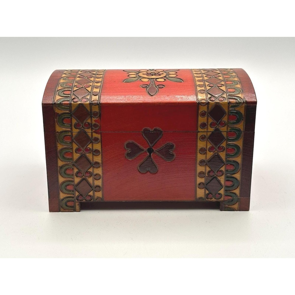 Hand-Carved Wooden Chest with Painted Folk Art Design & Keyhole Front